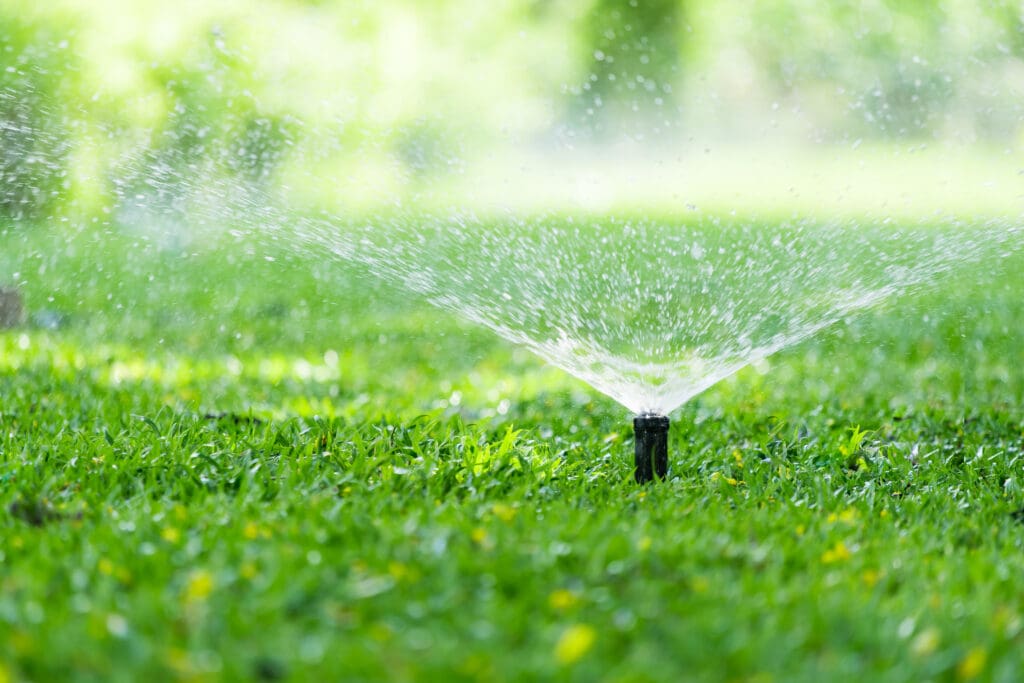Close-up of a sprinkler head spraying water over grass