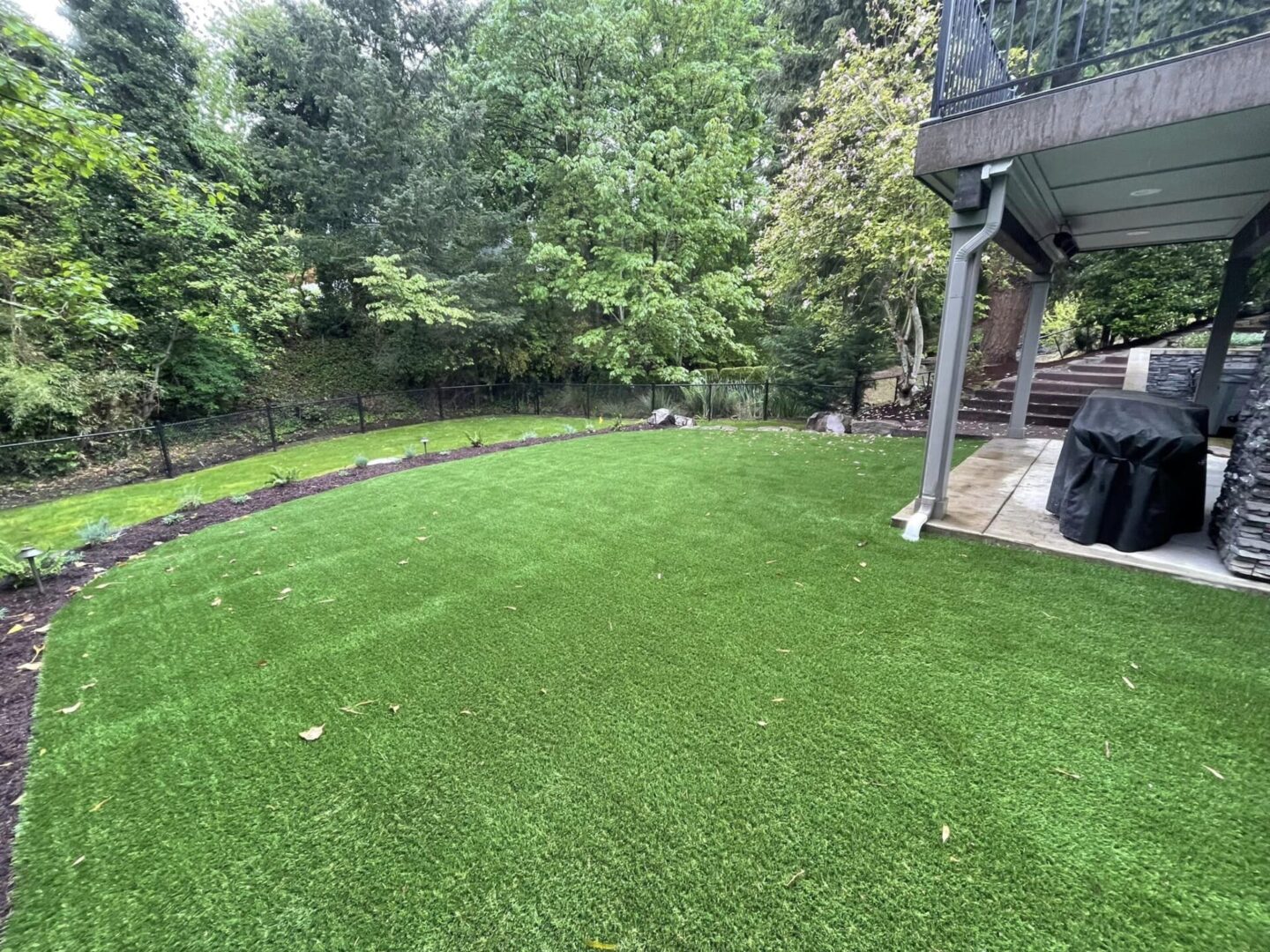 A backyard with grass and trees in the background.