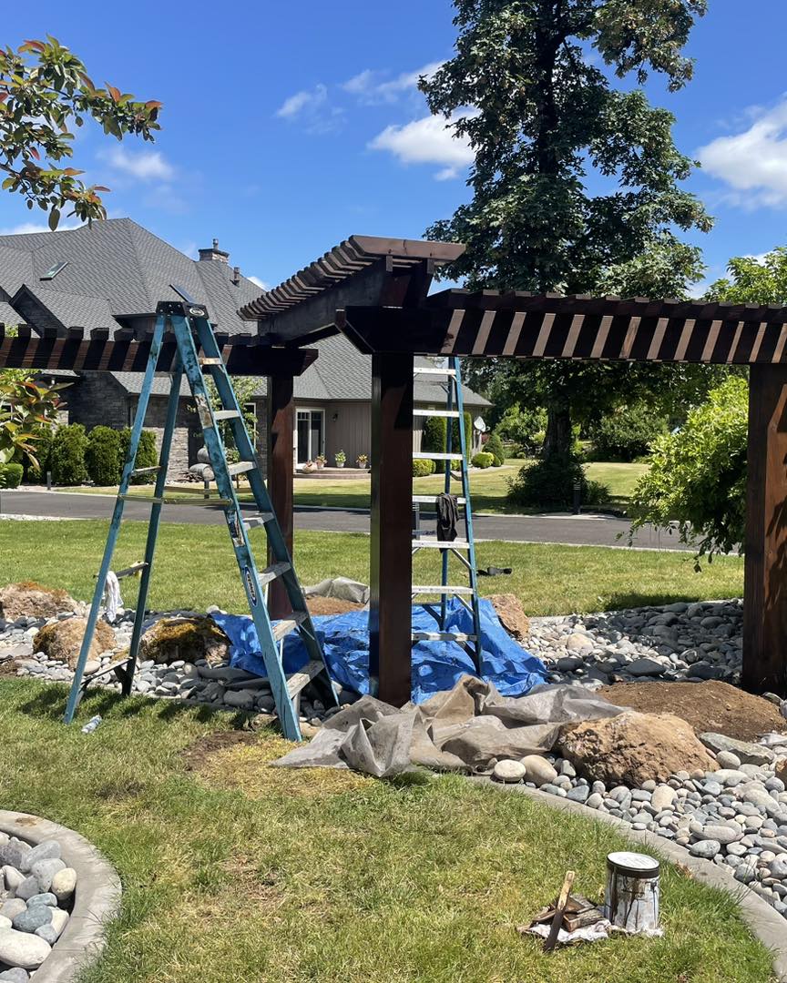 A couple of ladders and some trees in the yard