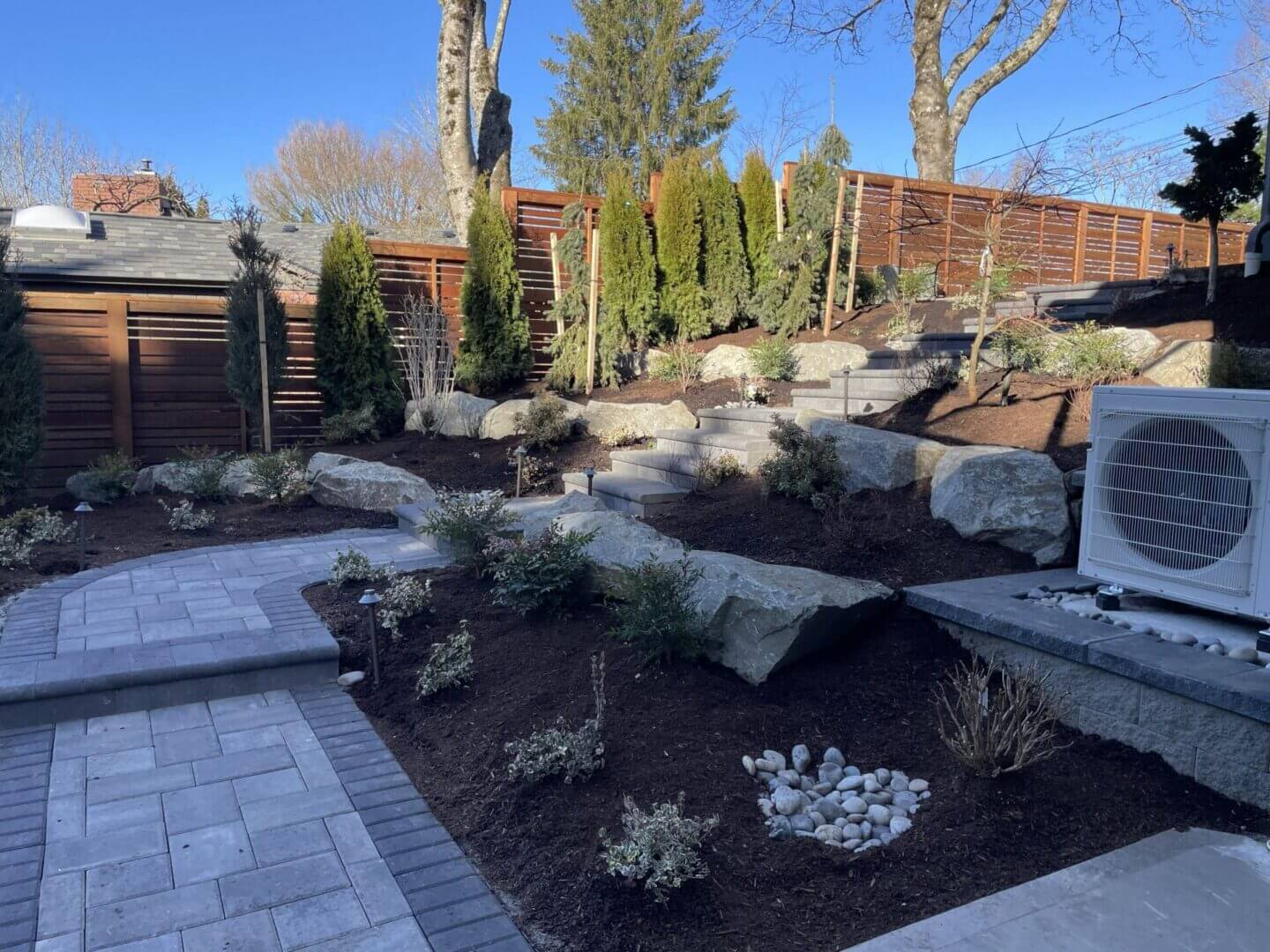 Landscaped backyard with stone pathway and plants.