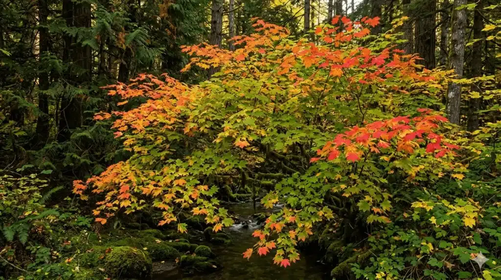 Colorful autumn leaves in a forest setting.
