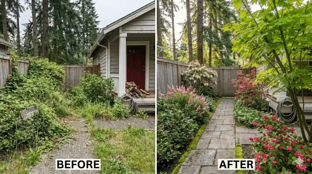 Garden makeover before and after comparison.