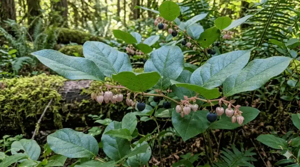 Green plant with berries in forest setting.