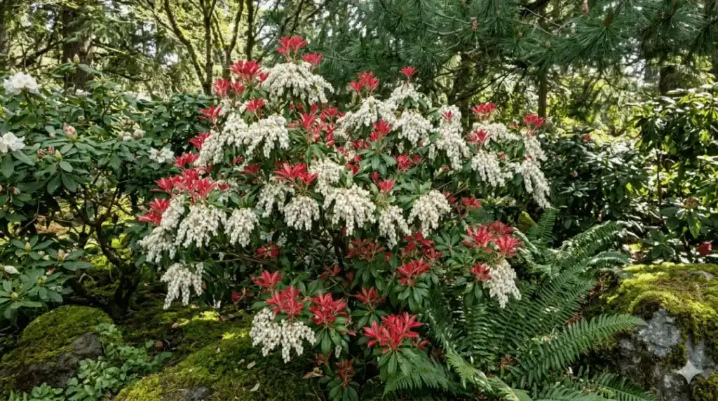 Red and white flowers in lush garden.