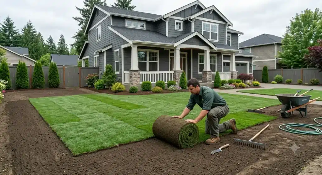 Person installing sod in suburban front yard
