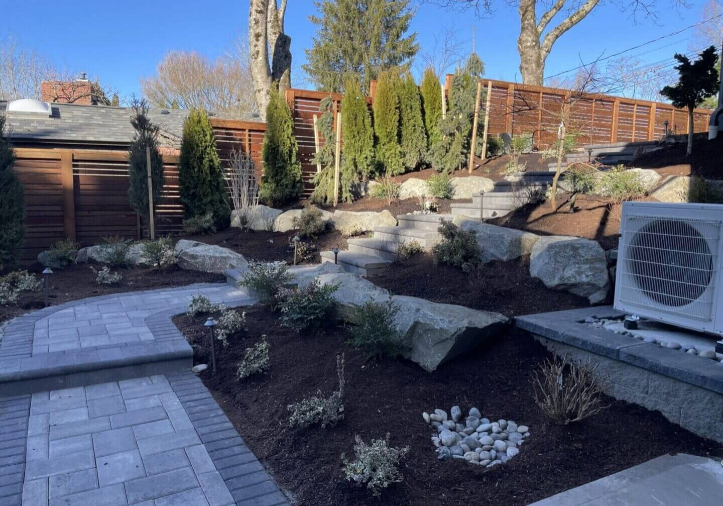 Landscaped backyard with stone pathway and plants.